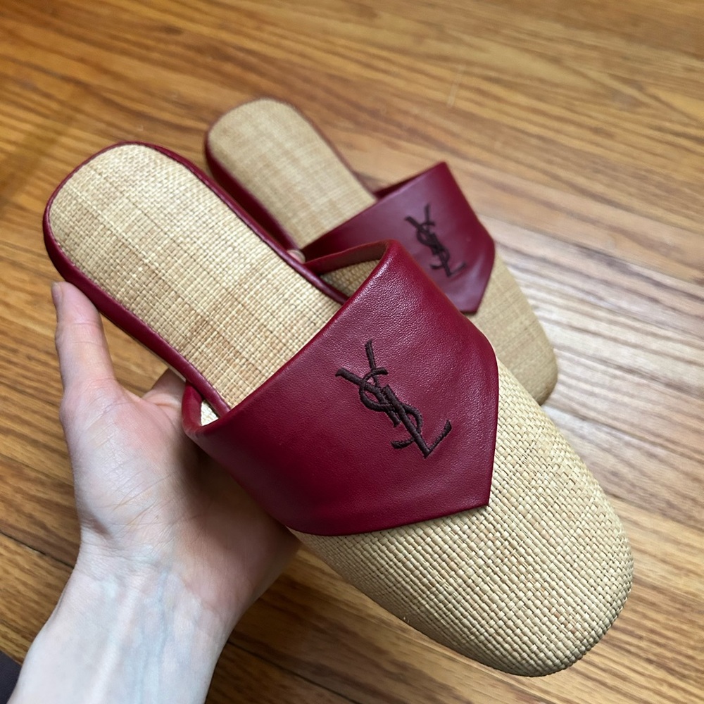 Vintage Yves Saint Laurent YSL Leather Raffia Slide Sandals – NEW / Unworn